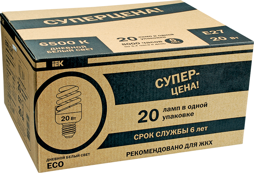 Лампа энергосберегающая КЭЛP-FS спираль Е27 20Вт 6500К (ЖКХПАК 20шт) IEK-eco
