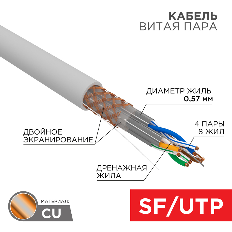 Кабель витая пара S/FTP, CAT 7, PVC, 4PR, 23AWG, внутренний, однопроволочный, серый, 305 м REXANT ПРОЕКТ