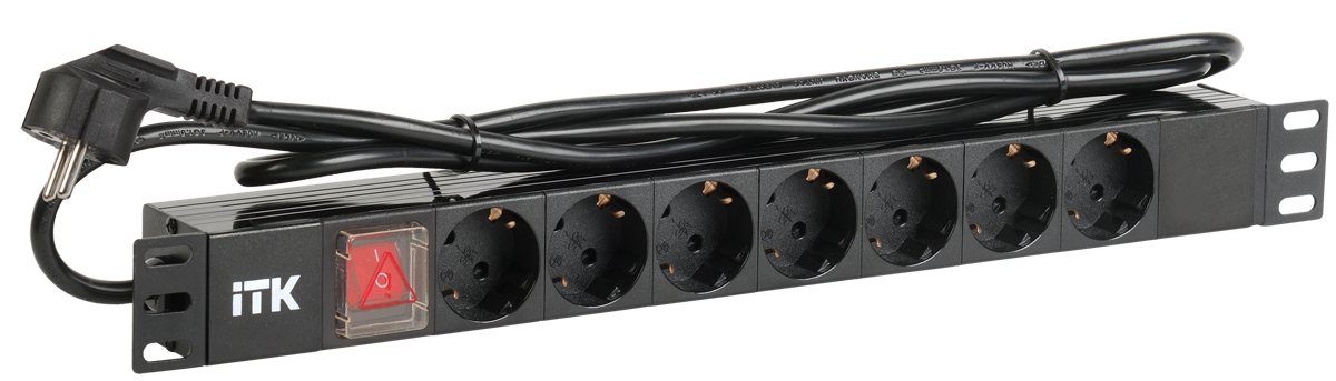 ITK PDU 7 розеток нем. стандарт, с LED выключателем,1U, шнур 2м вилка нем. стандарт, алюминиевый профиль