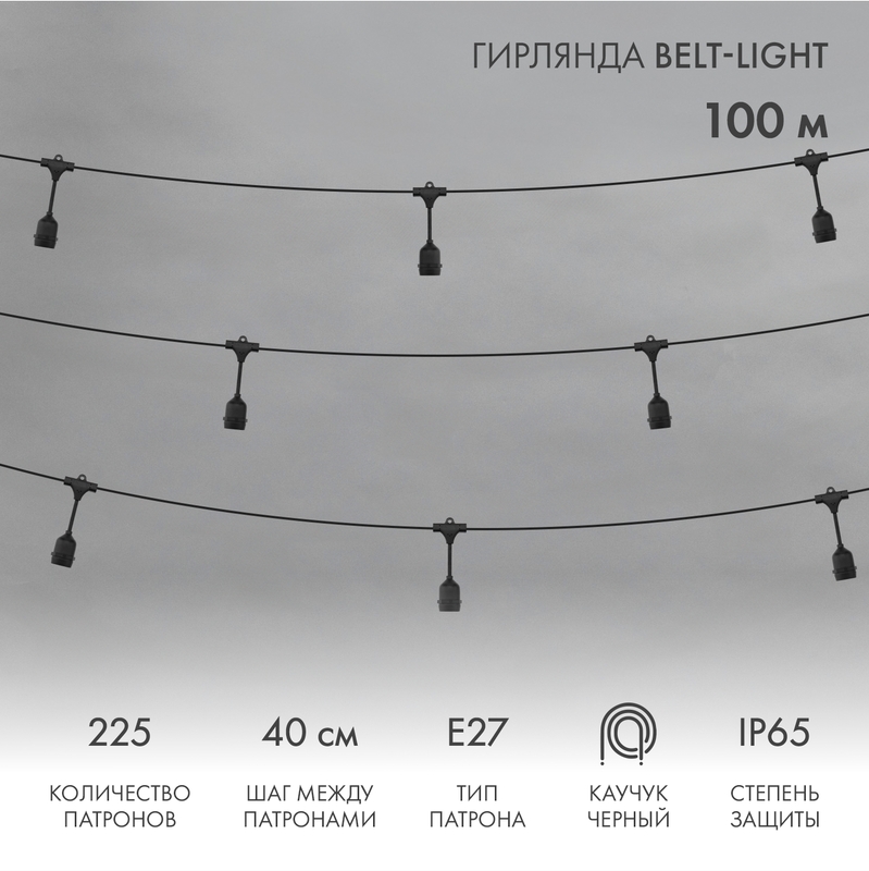 Гирлянда Белт-Лайт 2 жилы, 100м, шаг 40см, 225 подвесных патронов Е27, IP65, черный круглый провод каучук NEON-NIGHT
