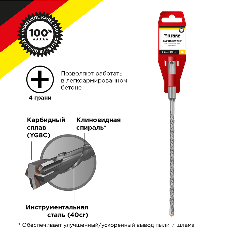 Бур по бетону 6x210x150мм, крестовая пластина, хвостовик SDS-plus KRANZ