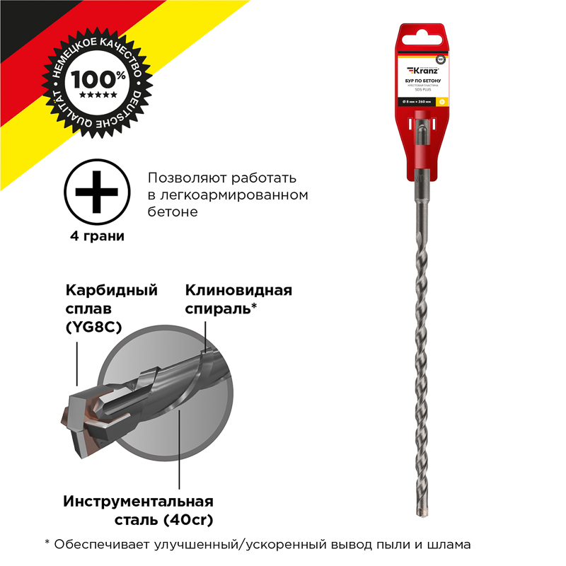 Бур по бетону 8x260x200мм, крестовая пластина, хвостовик SDS-plus KRANZ