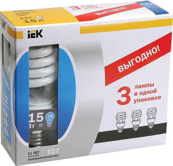 Лампа энергосберегающая спираль КЭЛ-S Е27 20Вт 4000К Т2 ПРОМОПАК 3шт IEK
