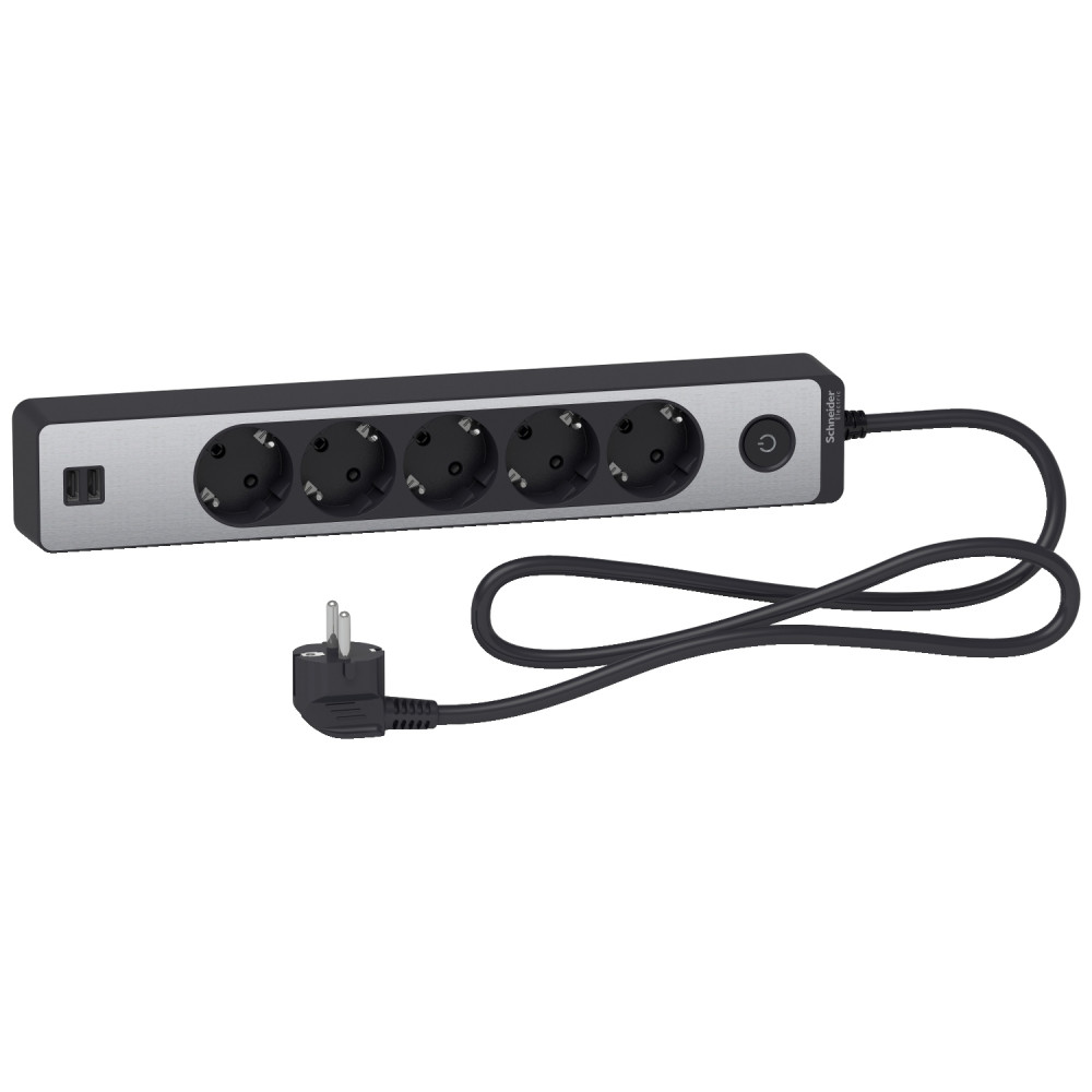 UE удлинитель 5роз+2USB 1,5м, ЧЁРН+АЛЮМ
