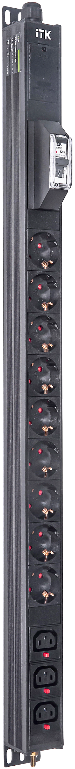 ITK BASE PDU вертикальный PV1111 18U 1 фаза 16А 9 розеток SCHUKO (немецкий стандарт) + 3 розетки C13 кабель 2,6м вилка SCHUKO (немецкий стандарт)