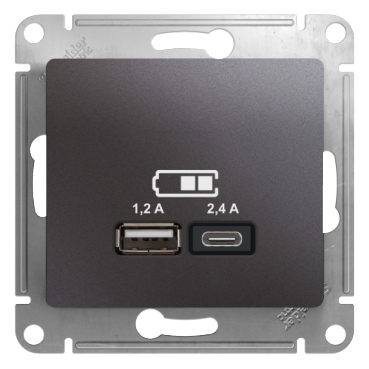 GLOSSA USB РОЗЕТКА А+С, 5В/2,4А, 2х5В/1,2А, механизм, ГРАФИТ