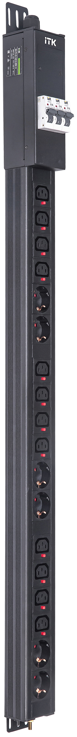 ITK BASE PDU вертикальный PV1114 24U 3 фазы 16А 6 розеток SCHUKO (немецкий стандарт) + 12 розеток C13 с клеммной колодкой и кабелем 3м вилка IEC60309 (промышленная)