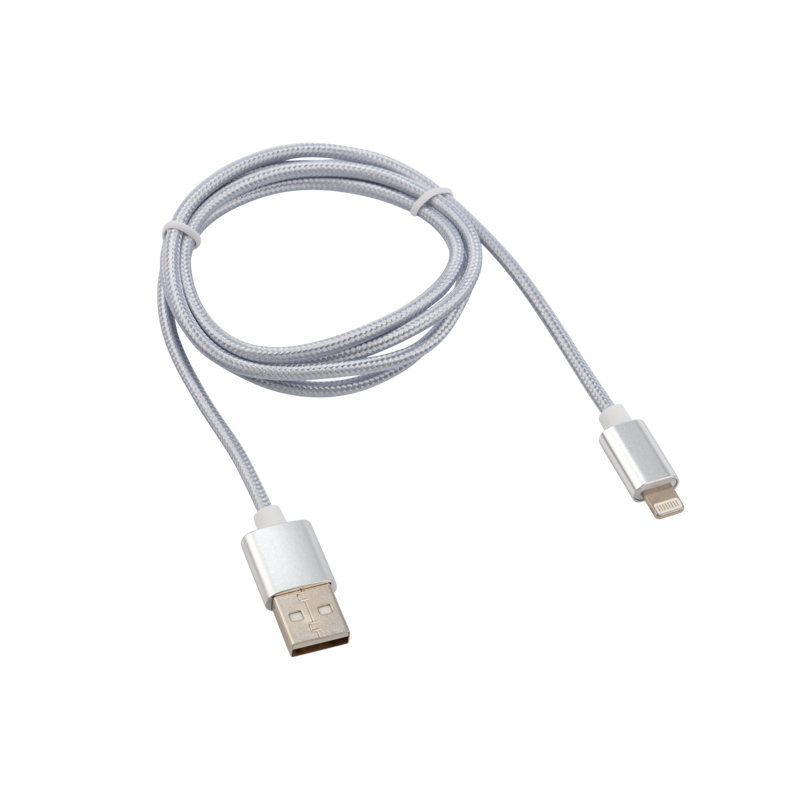 Кабель USB-A – Lightning, 2,4А, 1м, в серебристой нейлоновой оплетке REXANT