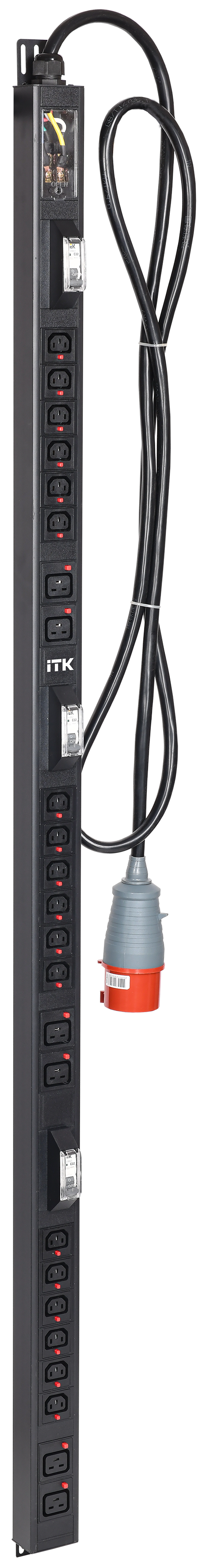 ITK BASE PDU вертикальный PV1113 38U 3 фазы 32А 18 розеток C13 + 6 розеток C19 кабель 3м вилка IEC60309 (промышленная)