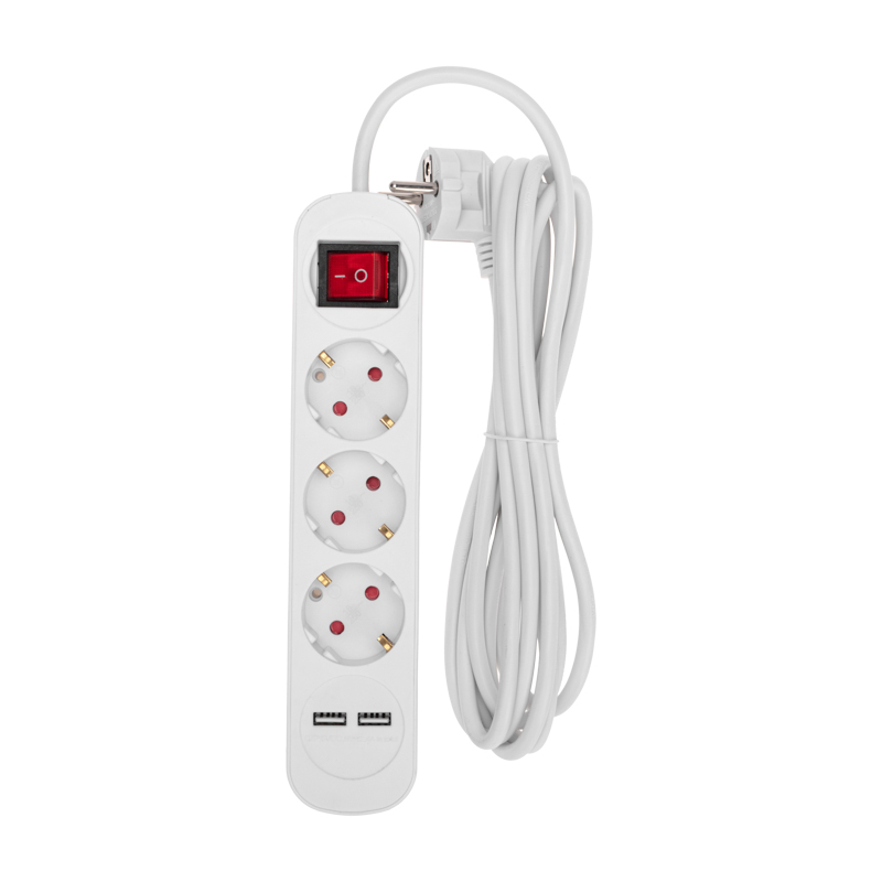 Удлинитель СТАНДАРТ 3 гнезда, 3м, 3х1,0мм², с/з, с выключателем, 2 USB-разъема, белый REXANT