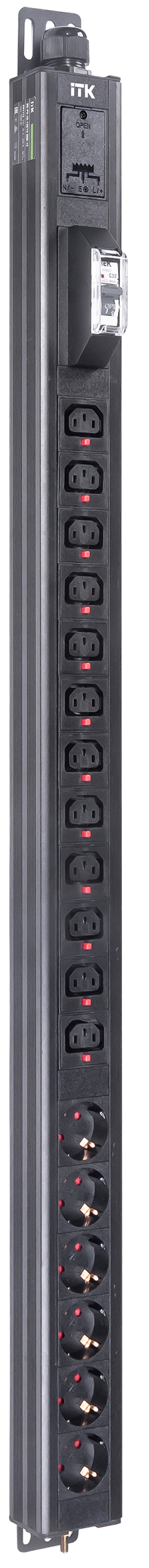 ITK BASE PDU вертикальный PV1112 23U 1 фаза 32А 6 розеток SCHUKO (немецкий стандарт) + 12 розеток C13 с клеммной колодкой и кабелем 3м вилка IEC60309 (промышленная)