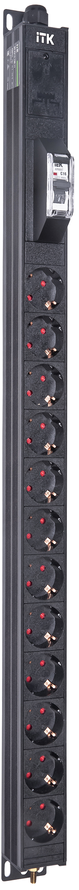 ITK BASE PDU вертикальный PV0111 18U 1 фаза 16А 12 розеток SCHUKO (немецкий стандарт) кабель 2,6м вилка SCHUKO (немецкий стандарт)