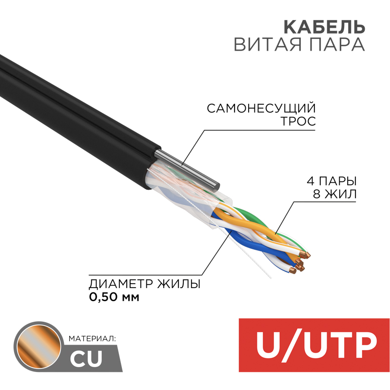Кабель витая пара U/UTP, CAT 5e, PE, 4PR, 24AWG, внешний, однопроволочный, черный, с тросом, 305м REXANT