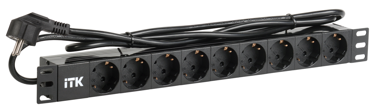 ITK PDU 9 розеток DIN49440 (нем. станд.) 1U, шнур 2м вилка DIN49441 (нем. станд.), алюминиевый профиль, черный