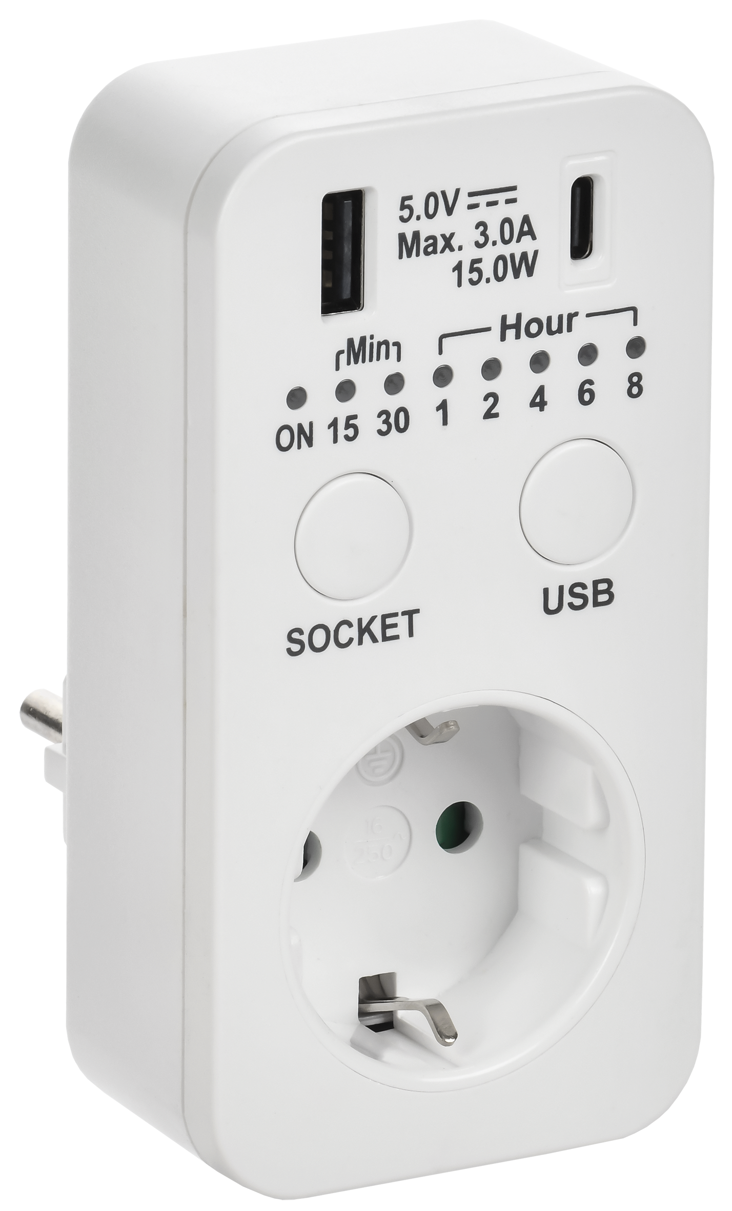 РТЭ-4 Розетка-таймер электронный с USB A+C 15мин-8ч 16А IP20 белый IEK