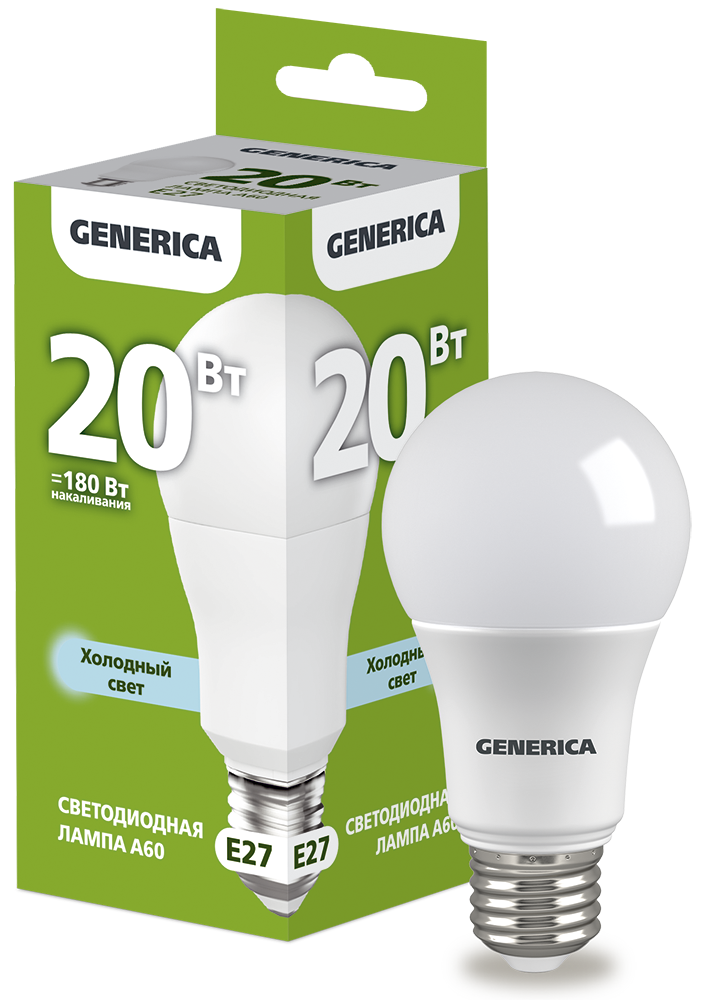 Лампа светодиодная A60 груша 20Вт 230В 6500К E27 GENERICA