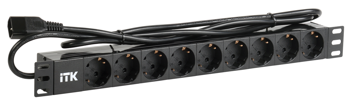 ITK PDU 9 розеток DIN49440 (нем. станд.) 1U, шнур 2м вилка IEC 320 C14, алюминиевый профиль, черный