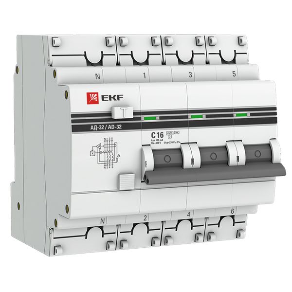Автоматический выключатель дифференциального тока АД-32 3P+N 16А характеристика С 100мА тип AC электронный 4,5кА PROXIMA EKF