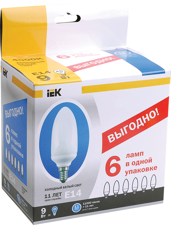 Лампа энергосберегающая КЭЛР-C свеча Е14 9Вт 2700К (ПРОМОПАК 6шт) IEK-eco