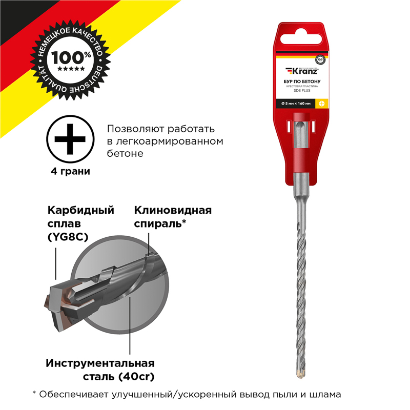 Бур по бетону 5x160x100мм, крестовая пластина, хвостовик SDS-plus KRANZ