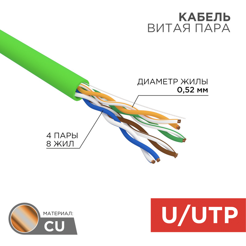 Кабель витая пара U/UTP, CAT 5e, нг(А)-LSLTx, 4х2х0,52мм, 24AWG, внутренний, однопроволочный, зеленый, 305м REXANT