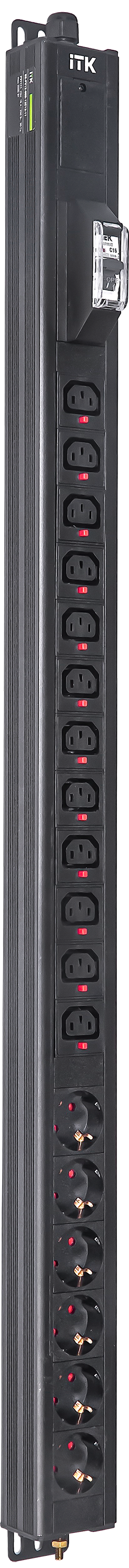 ITK BASE PDU вертикальный PV1111 23U 1 фаза 16А 6 розеток SCHUKO (немецкий стандарт) + 12 розеток C13 кабель 2,6м вилка SCHUKO (немецкий стандарт)