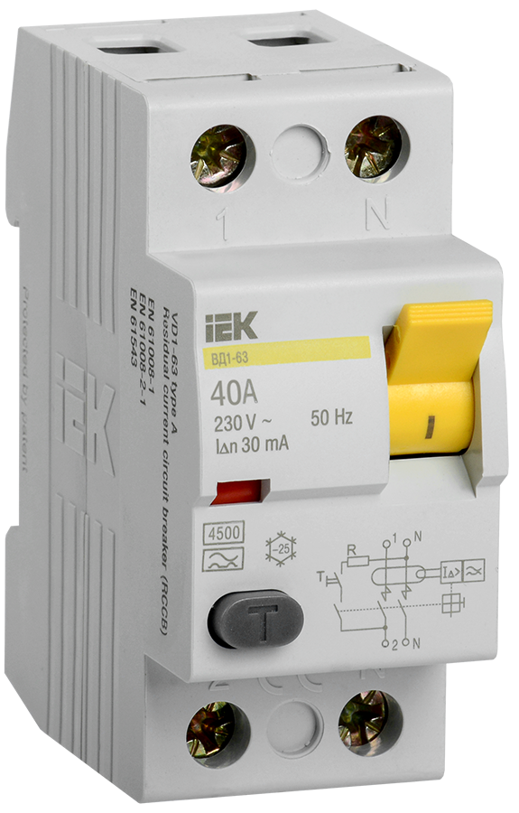 Выключатель дифференциальный (УЗО) ВД1-63 2Р 40А 30мА тип А IEK