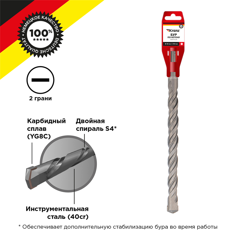 Бур по бетону 32x310x250мм, хвостовик SDS-plus KRANZ