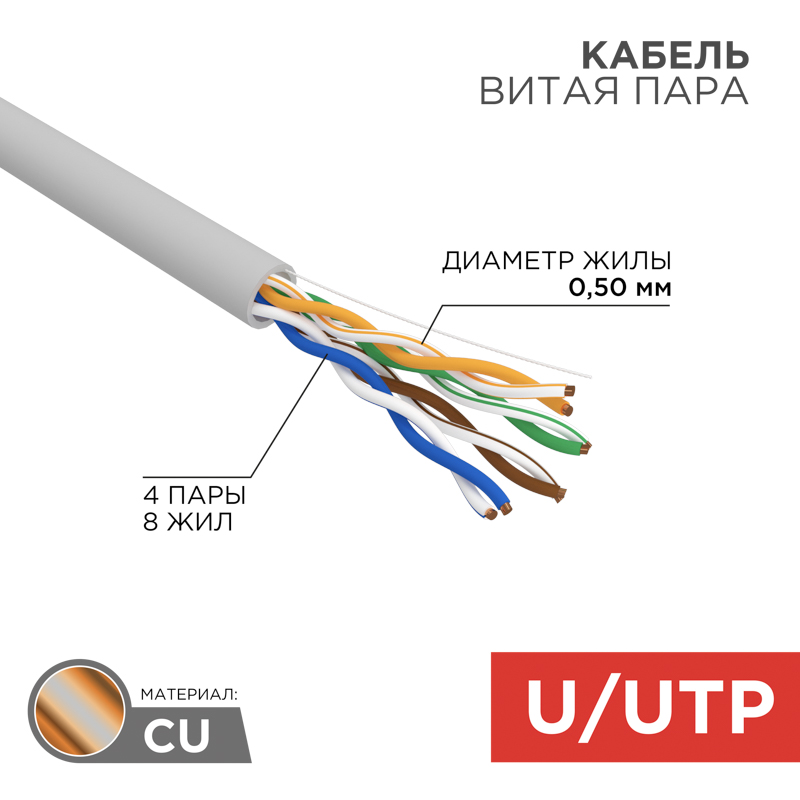 Кабель витая пара U/UTP, CAT 5e, PVC, 4PR, 24AWG, внутренний, однопроволочный, серый, 25м REXANT