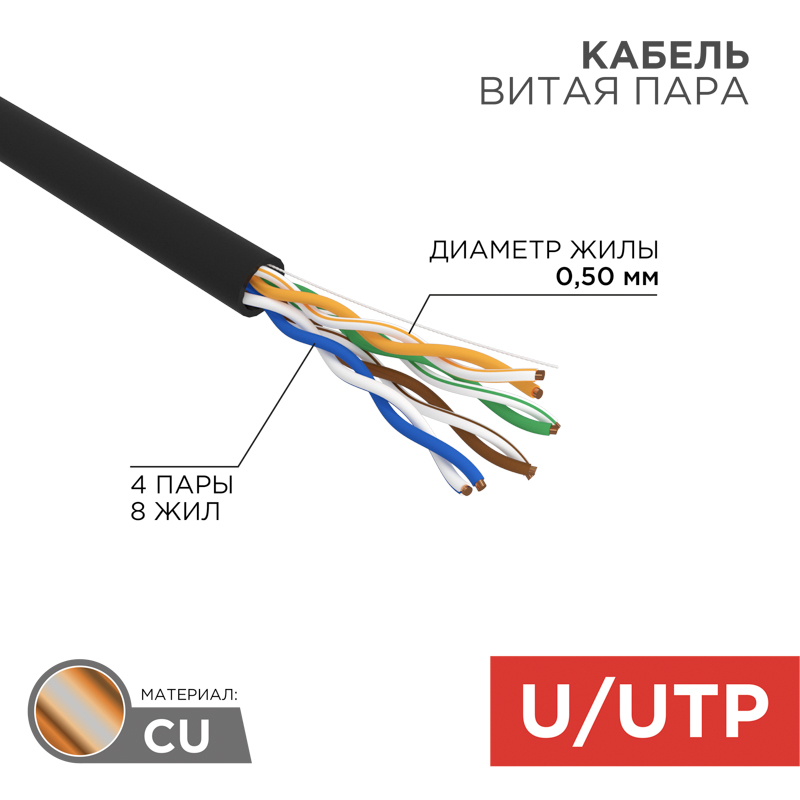 Кабель витая пара U/UTP, CAT 5e, PE, 4PR, 24AWG, внешний, однопроволочный, черный, 305м, РФ REXANT