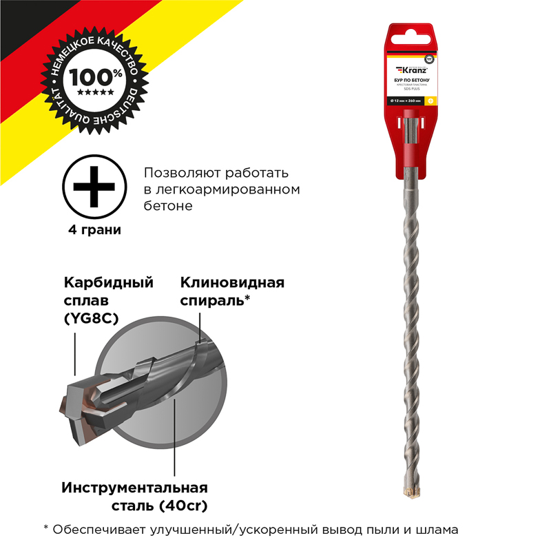 Бур по бетону 12x260x200мм, крестовая пластина, хвостовик SDS-plus KRANZ