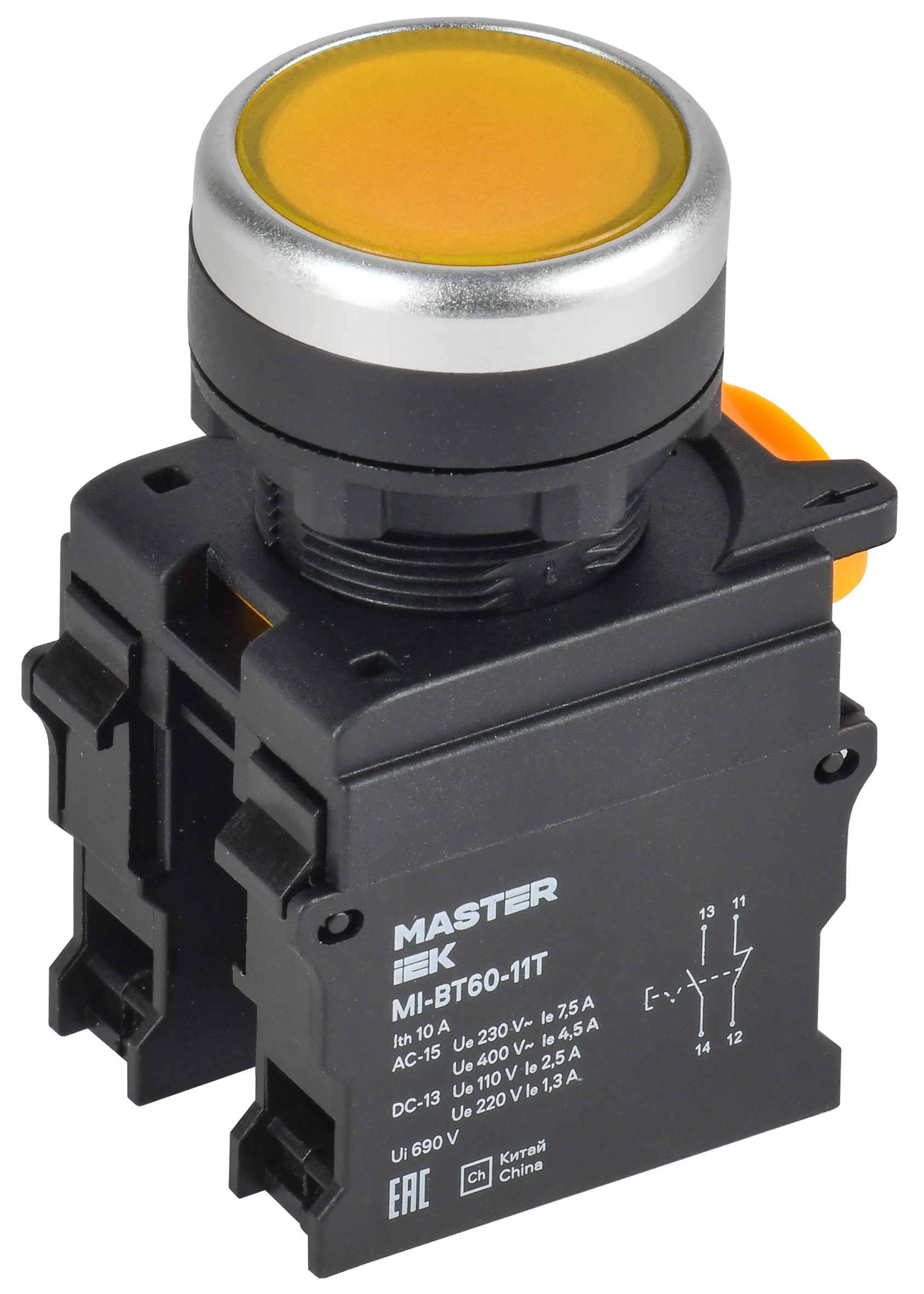 Кнопка с фиксацией d=22мм 1NO+1NC жёлтая MASTER IEK
