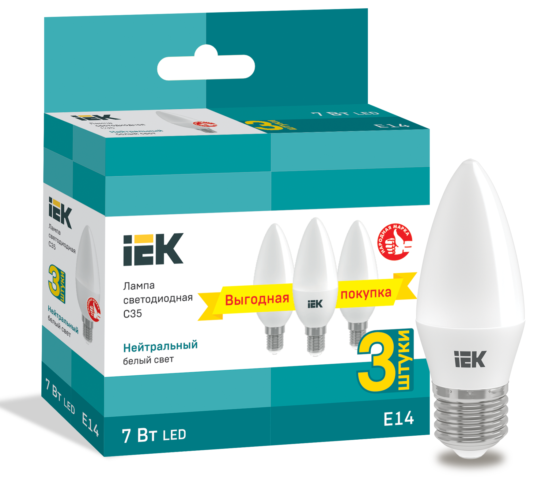 Лампа светодиодная C35 свеча 7Вт 230В 4000К E14 (3шт/упак) IEK