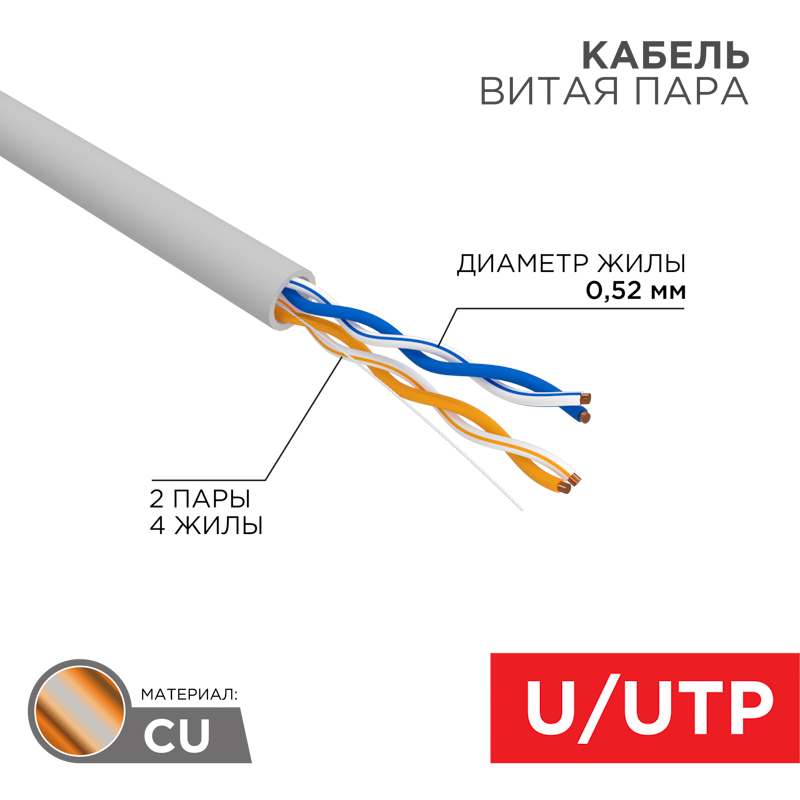 Кабель витая пара U/UTP, CAT 5e, ZHнг(А)-FRHF 2х2х0,52 (С5808) 305м СегментЛАН