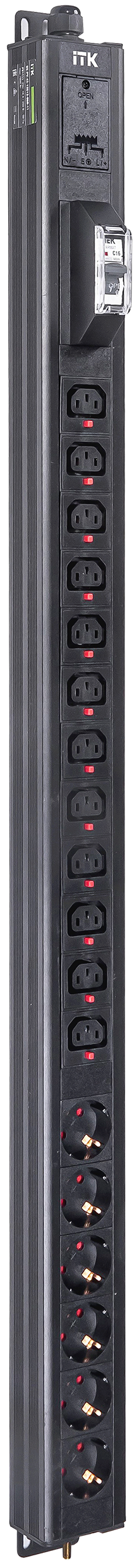 ITK BASE PDU вертикальный PV1111 23U 1 фаза 16А 6 розеток SCHUKO (немецкий стандарт) + 12 розеток C13 с клеммной колодкой и кабелем 3м вилка IEC60309 (промышленная)