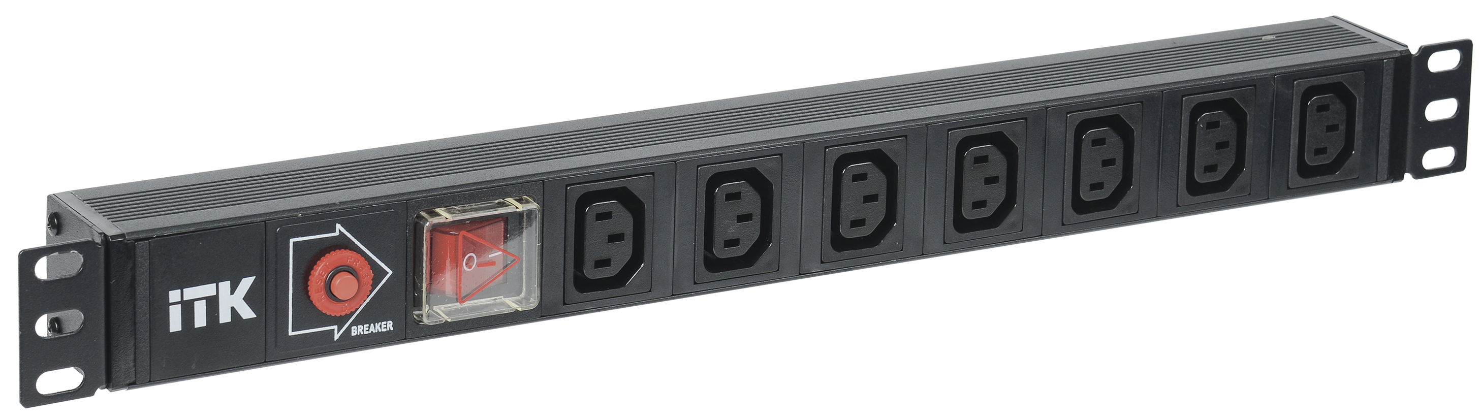 ITK PDU 7 розеток C13, с выкл. и защитой от перенапр, 1U, вх. C14, без шнура, алюминиевый профиль
