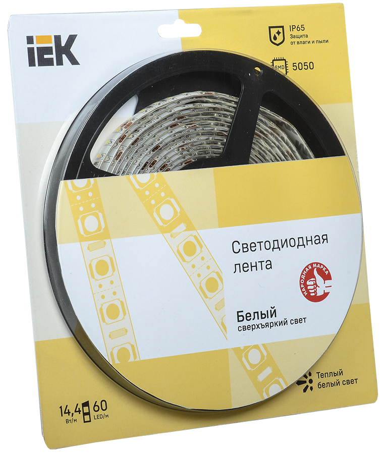 Лента LED 5м блистер LSR-5050WW60-14,4-IP65-12V теплый белый цвет IEK