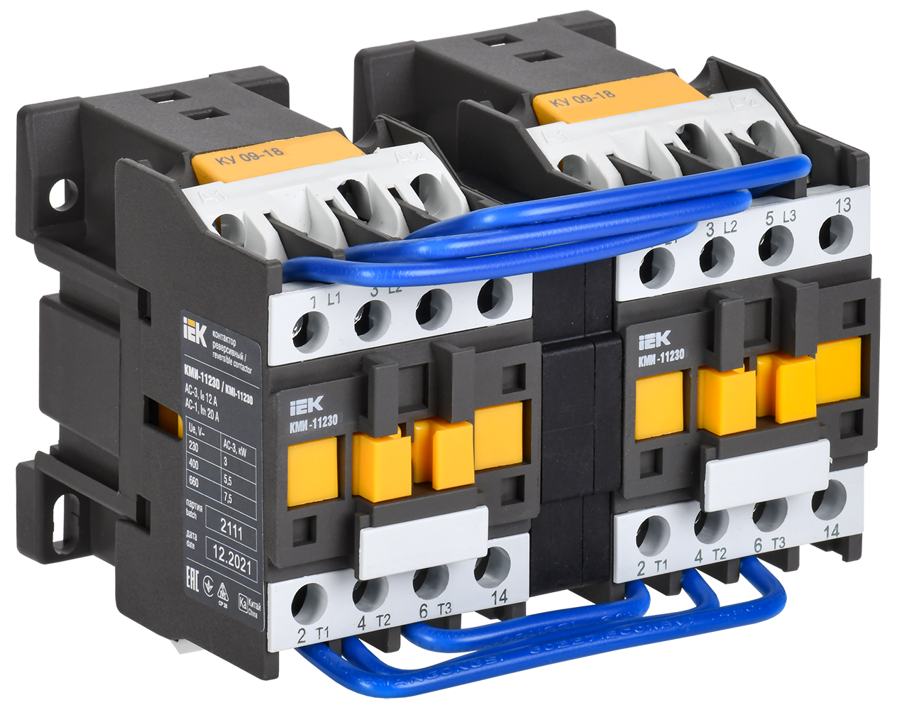 Контактор КМИ-11230 реверс 12А 400В/АС3 2NO IEK