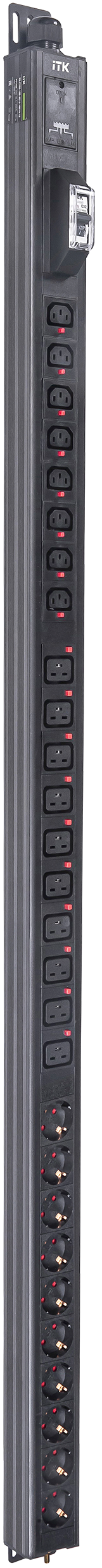 ITK BASE PDU вертикальный PV1102 33U 1 фаза 32А 10 розеток SCHUKO (немецкий стандарт) + 8 розеток C13 + 10 розеток C19 без кабеля с клеммной колодкой