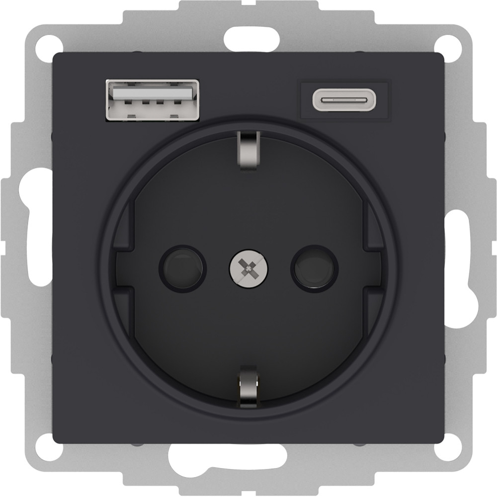 ATLASDESIGN РОЗЕТКА 16А c 2 USB A+С, 5В/2,4А/3,0А, 2х5В/1,5А, механизм, КАРБОН