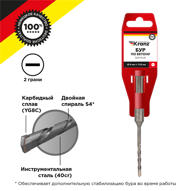 Бур по бетону 4x110x50мм, хвостовик SDS-plus KRANZ
