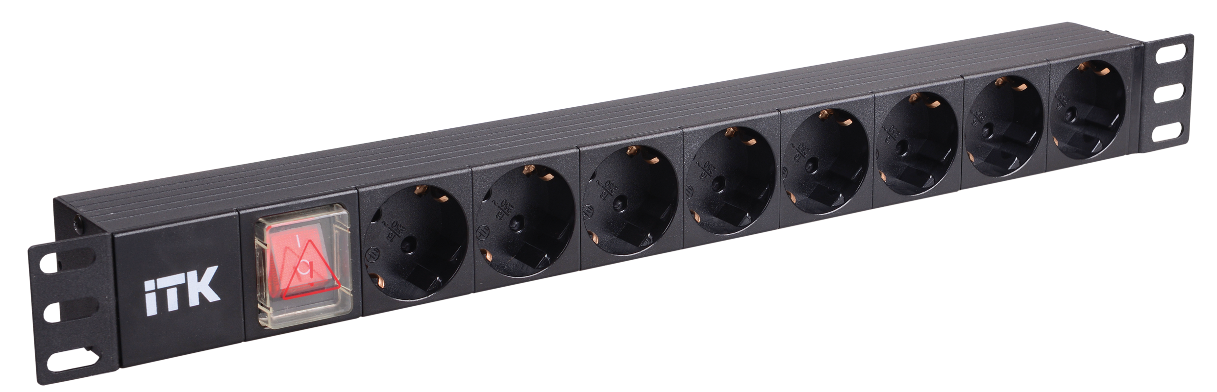 ITK PDU 8 розеток нем. стандарт, с LED выключателем,1U, без шнура, вх. C14, алюминиевый профиль
