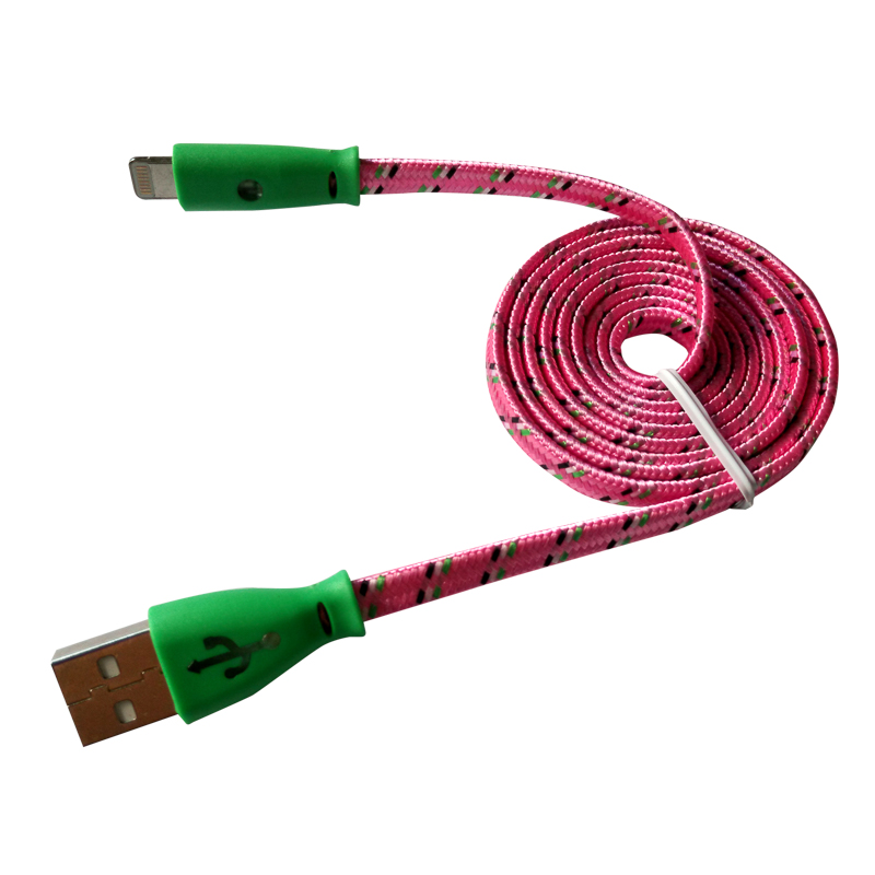 Кабель USB-A – Lightning, 1А, 1м, в розовой нейлоновой оплетке, плоский, светящиеся разъемы REXANT