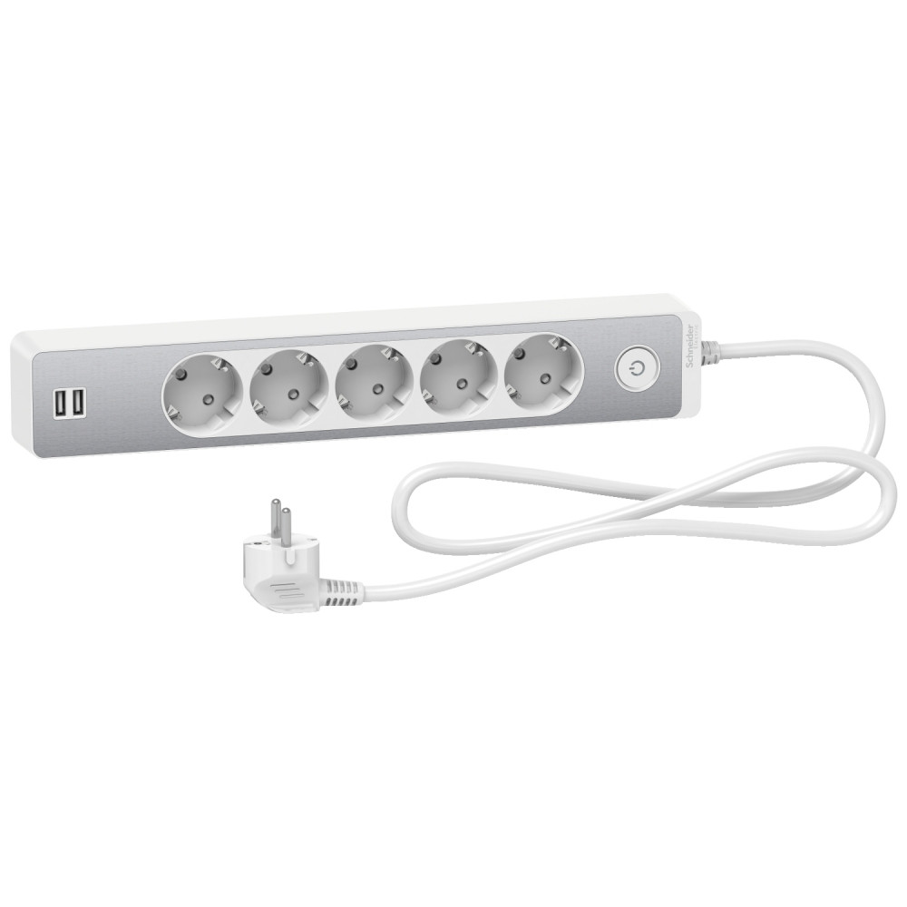 UE удлинитель 5роз+2USB 1,5м, БЕЛЫЙ+АЛЮМ