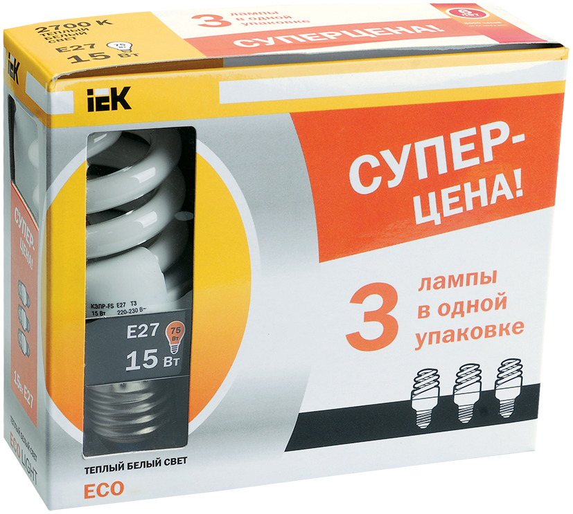Лампа энергосберегающая КЭЛP-FS спираль Е27 15Вт 2700К (ПРОМОПАК 3шт) IEK-eco