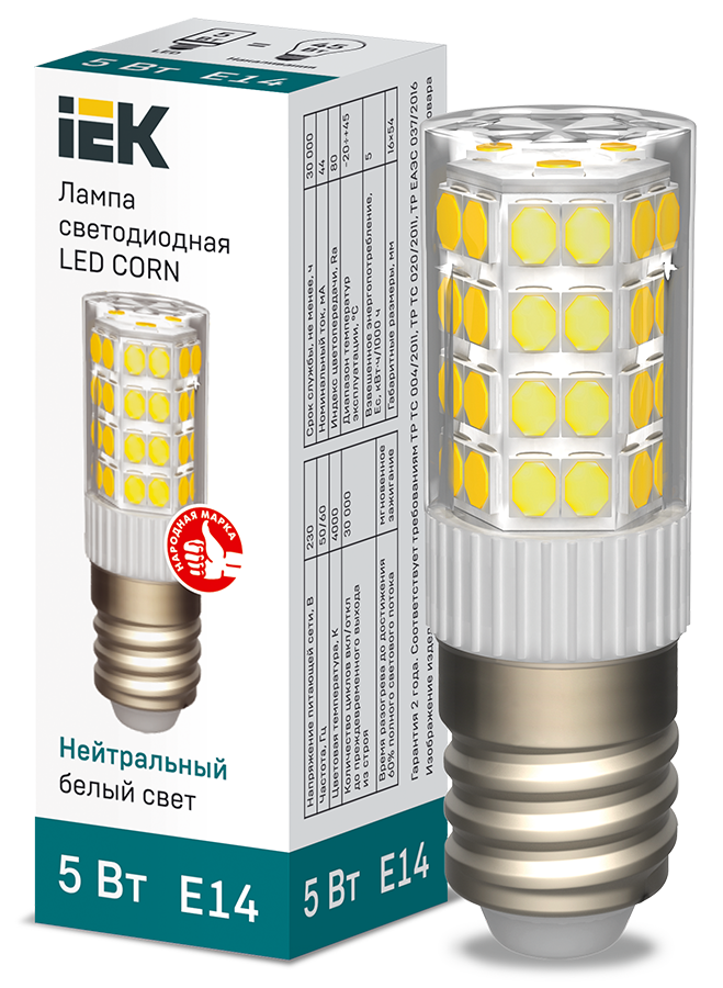 Лампа светодиодная CORN капсула 5Вт 230В 4000К керамика E14 IEK