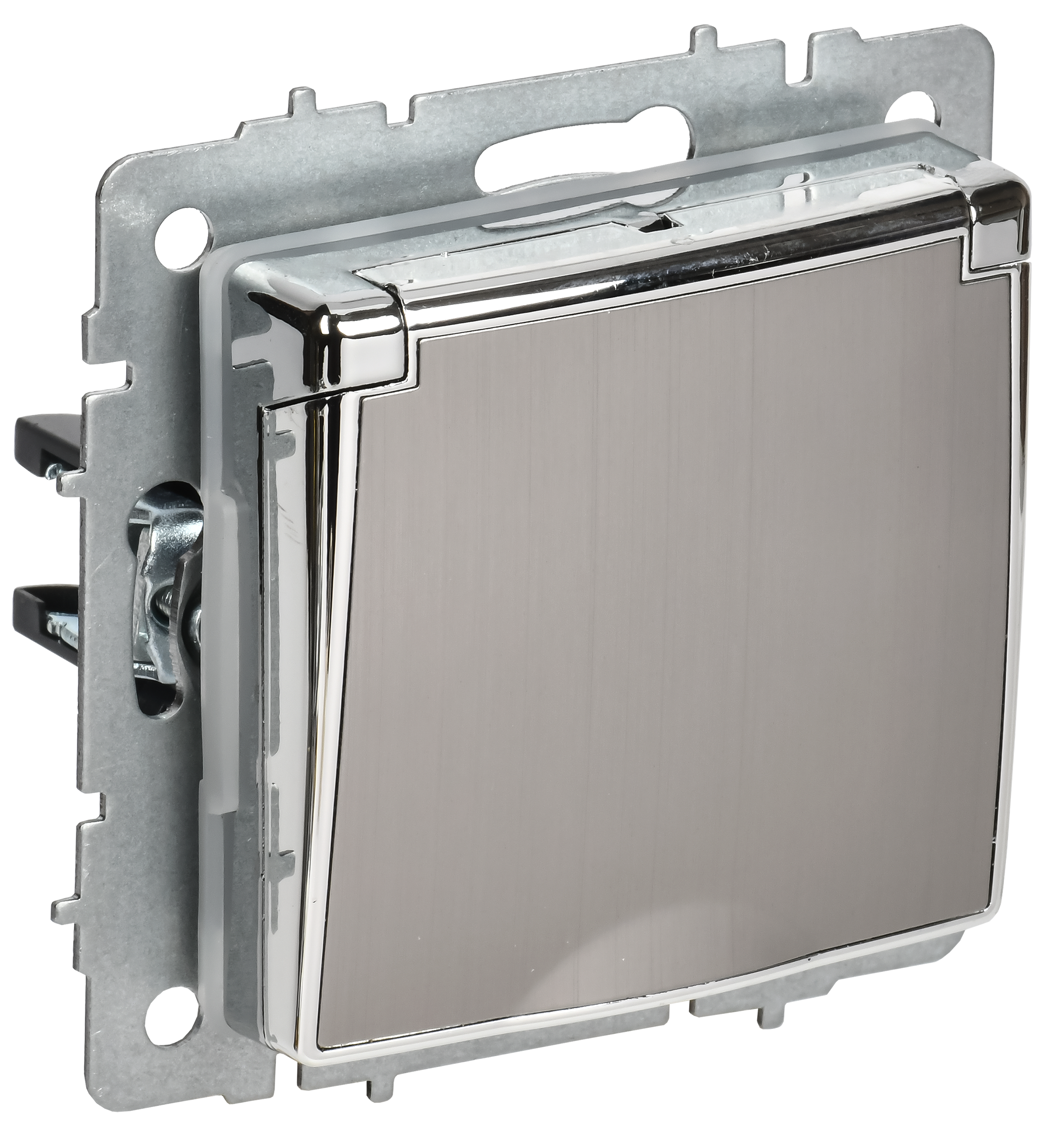 BRITE Розетка 1-местная с заземлением с защитными шторками и крышкой 16А IP44 РСбш10-3-44-БрГН металл хром/никель IEK