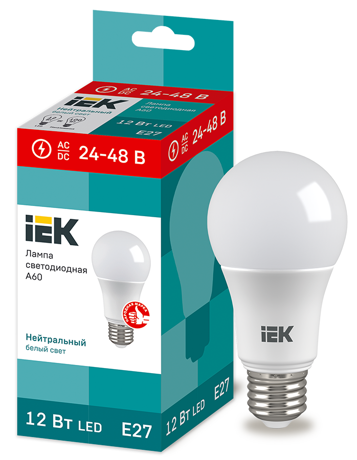 Лампа светодиодная A60 груша 12Вт 24-48В 4000К E27 IEK