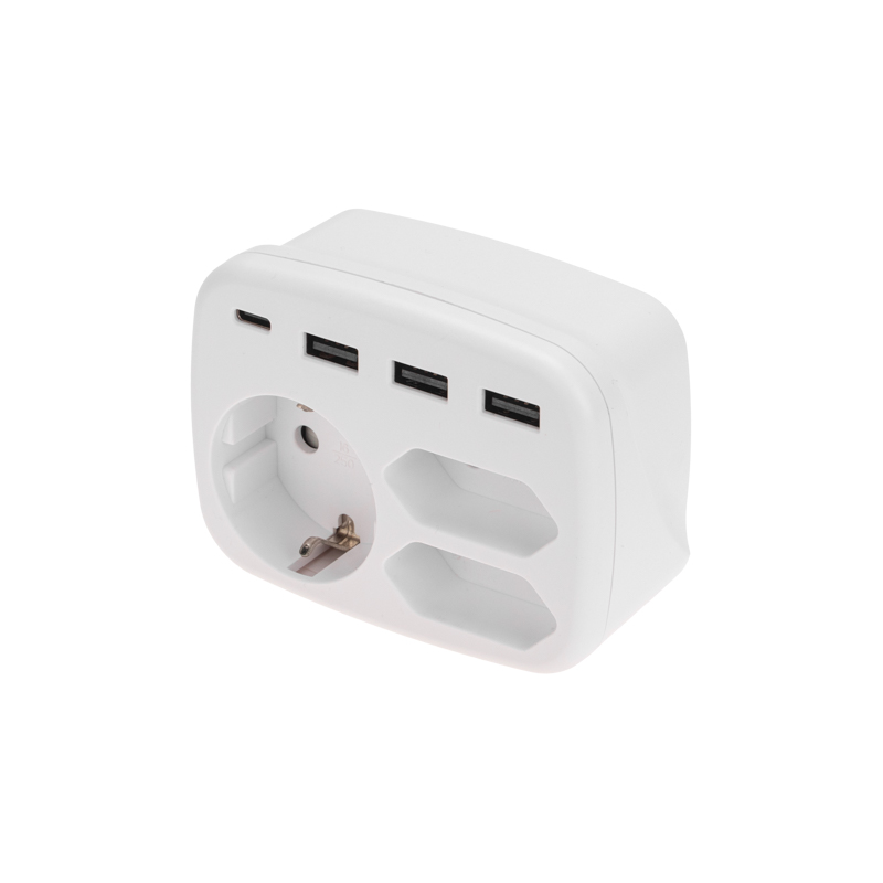 Тройник электрический 16А с/з,  2х2,5А, 3 разъема USB-A 2,4А, 1 разъем USB-C 3А, белый REXANT