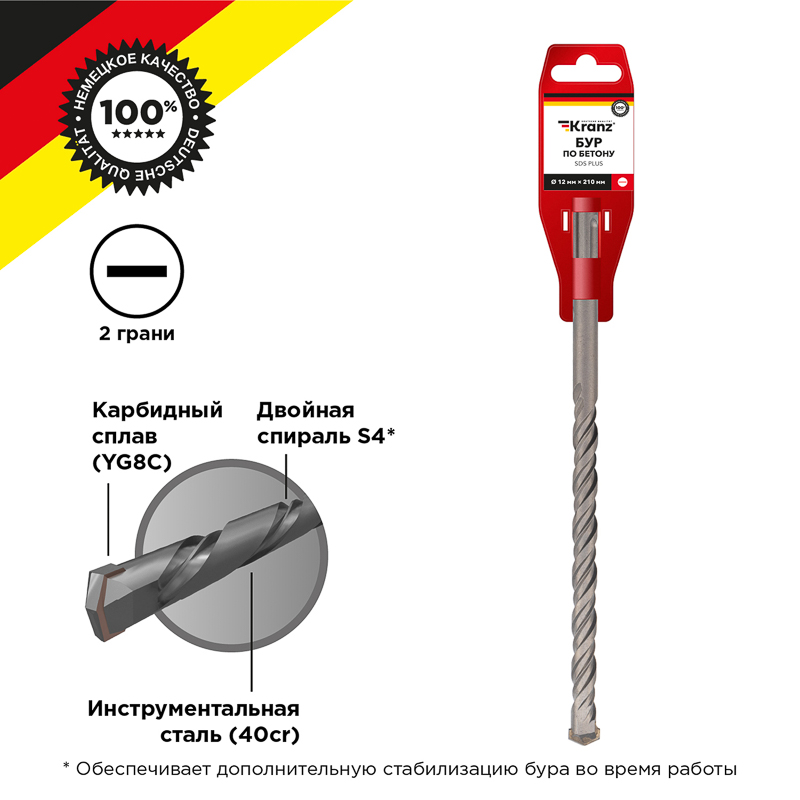 Бур по бетону 12x210x150мм, хвостовик SDS-plus KRANZ